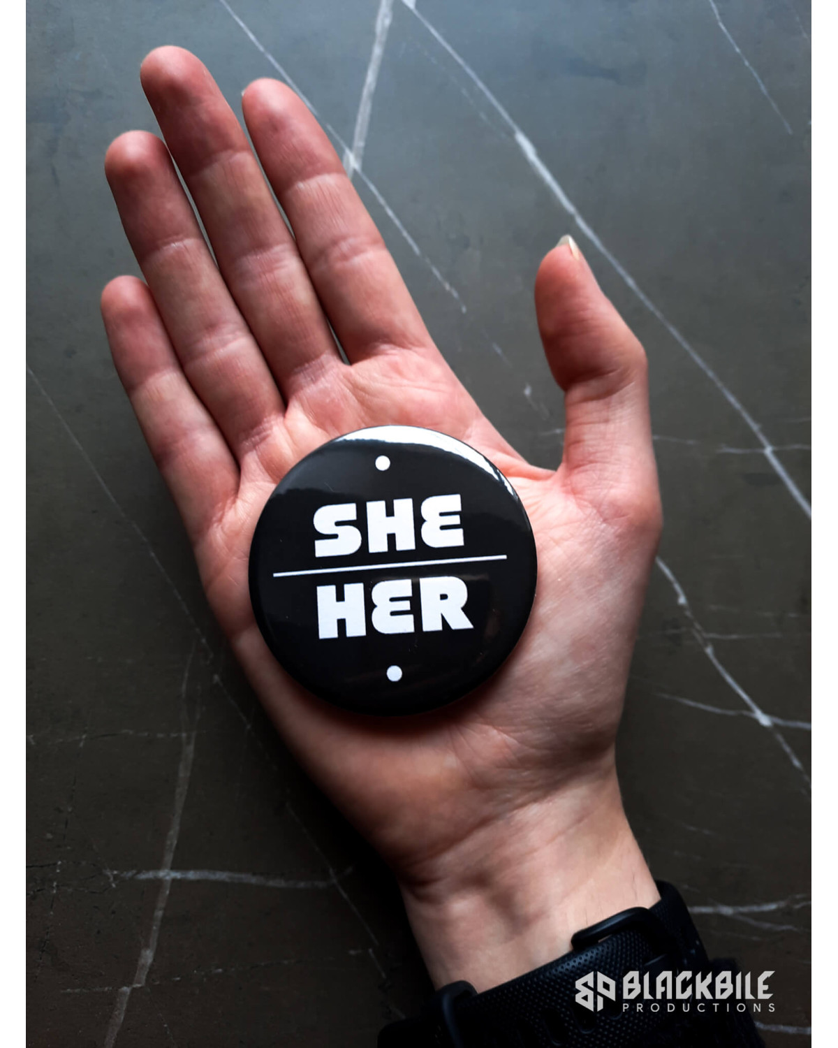 Big button badge She Her pronouns