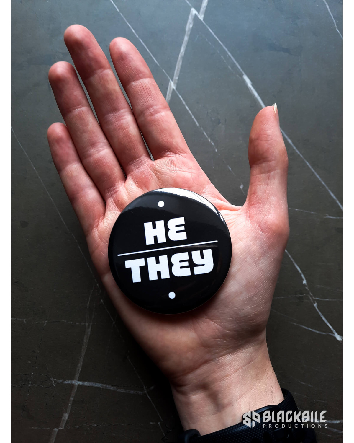 Big button badge He They pronouns