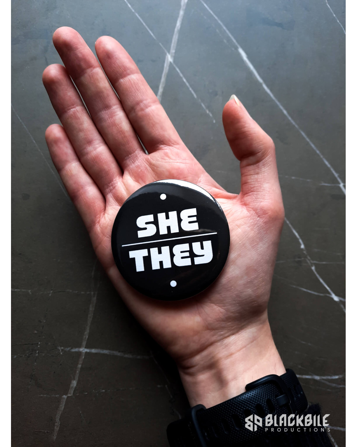 Big button badge She They pronouns