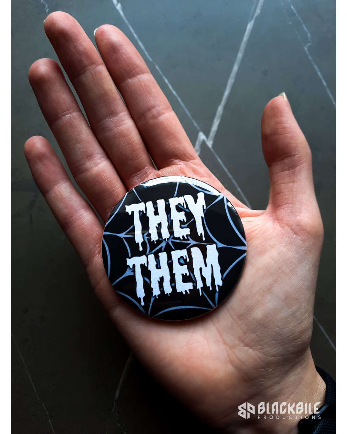 Big button badge They Them pronouns spider web