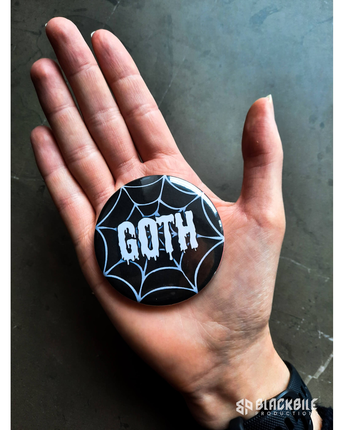 Big button badge Goth spider web